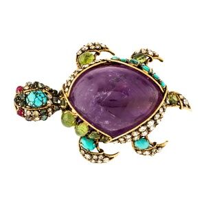 IRADJ MOINI Vintage Costume Jewelry Large Turtle Gemstone Brooch Pin Pendant